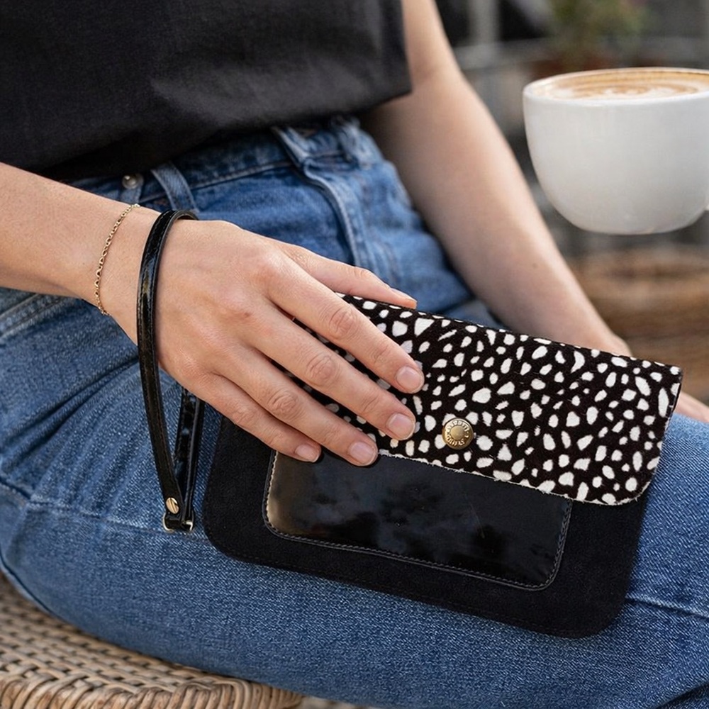 Prune Black Suede Leather Calf Hair Patent Leather Wristlet Clutch Bag 8” x 5”